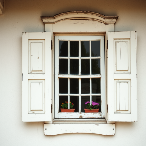 Regenerate an image of an old, weathered window with decorative wooden trim, featuring flower boxes beneath the windows, captured in natural daylight with a DSLR camera, 50mm lens at f/2.8, ISO 100, and a soft focus effect to enhance the vintage aesthetic.