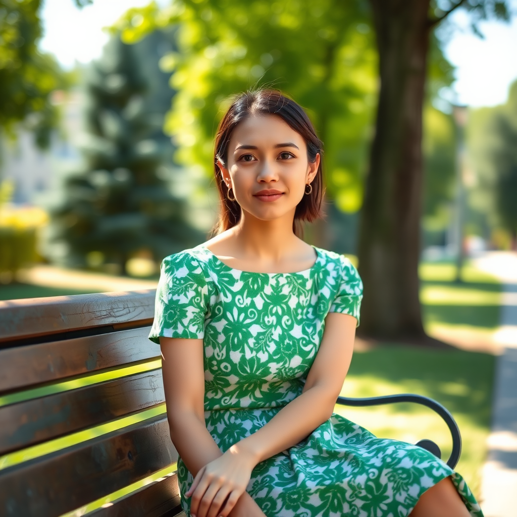 portrait of a woman sitting on a park bench, wearing a green and white patterned dress, natural sunlight, shallow depth of field, 50mm lens, f/1.8, ISO 100, captured on a full-frame DSLR
