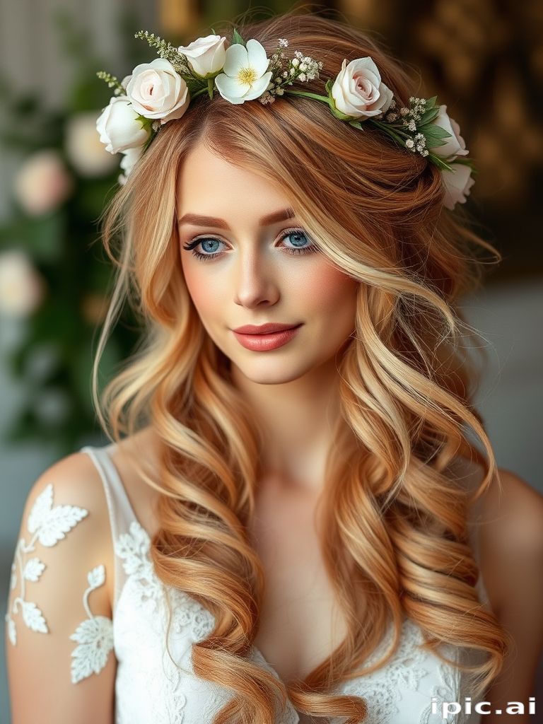 Romantic loose curls in strawberry blonde, adorned with a delicate floral crown and face-framing wisps, creating a soft and ethereal bridal-inspired style