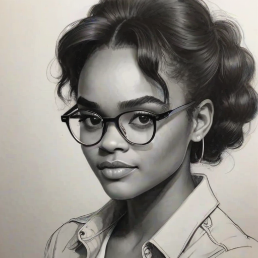 Fetching China Anne McClain, pencil sketch, portrait of Wonderful woman 1979s in glasses, hair style beatnik, outline, clear lines, fine lines, 8k