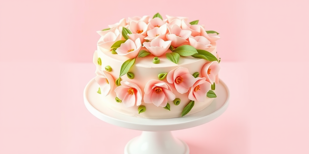 Create an image of a round cake decorated with soft pink flowers and green leaves on a white cake stand with a light pink background. The cake should have a smooth, creamy frosting with intricate floral designs on the top and sides.