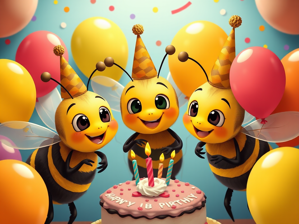 create a vibrant and colorful illustration of three cartoon bees wearing party hats and holding balloons, celebrating a birthday with a cake, use a Canon EOS R5, 50mm f/1.2 lens, aperture f/2.8, ISO 100, natural light, and a top-down view for enhanced depth and detail.