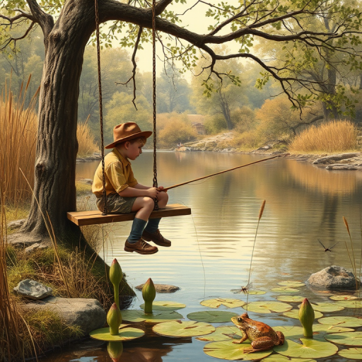 Imagine a small group of old fashioned young boys out fishing by the creek, a swing hanging from a tree branch, reeds and grasses by the water's edge, a frog sitting on a lily pad, dragonflies hovering over som water plans, a very iconic old fashioned scene reminiscent of a Norman Rockwell painting style