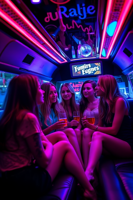 multiple girls,looking at viewer, couch, vehicle interior, night, neon lights, limousine, alcohol, bar
