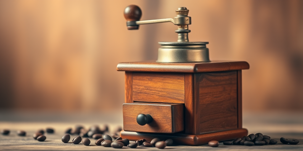 Create a high-resolution image of a vintage wooden coffee grinder with a brass top and a small drawer, beans scattered around it, captured in a warm light setting with a shallow depth of field, using a DSLR camera, 50mm lens, f/1.8 aperture, 1/60 sec shutter speed.