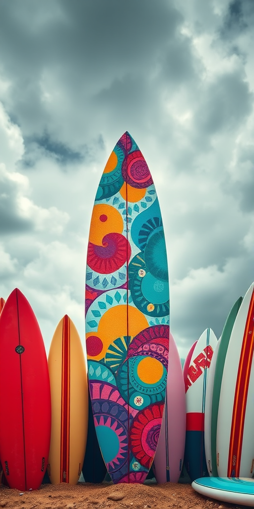 Create a vibrant illustration of a surfboard with colorful patterns, surrounded by other surfboards, set against a cloudy sky, using a Canon EOS R5 with a 24-70mm f/2.8 lens, 1/200s shutter speed, ISO 100, and an aperture of f/5.6, with a focus on sharp details and enhanced colors.