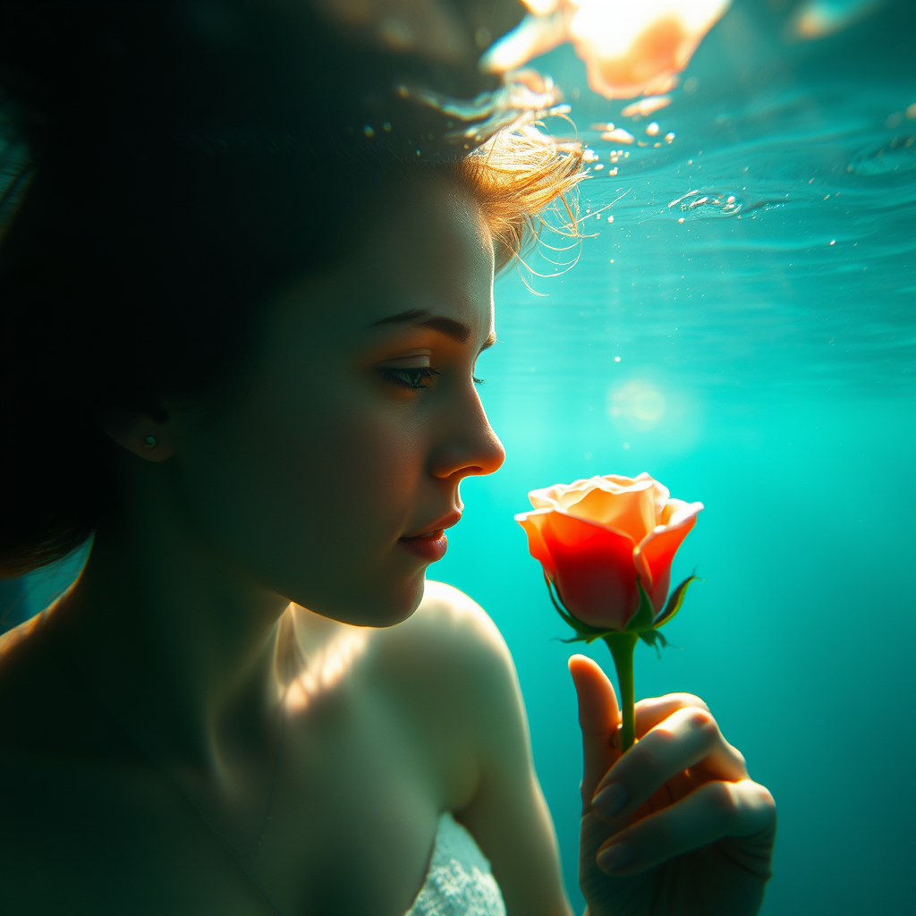 A woman underwater, gazing at a rose Her face is reflected in the water's surface The scene is illuminated by sunlight filtering through the water The atmosphere is serene and contemplative