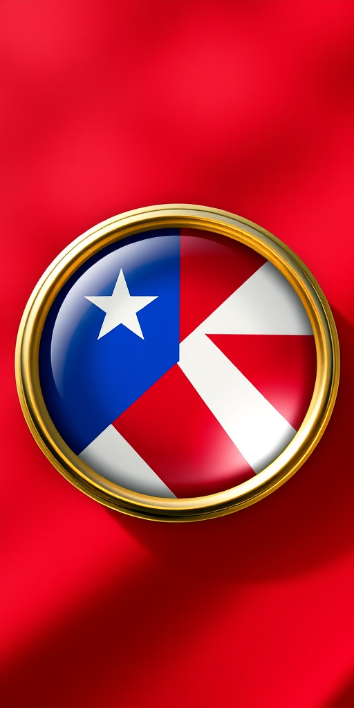 Create a high-resolution digital illustration of the Puerto Rican flag within a reflective circular badge, using a DSLR camera, f/8 aperture, 50mm lens, ISO 100, natural lighting, and a wide-angle view to enhance color vibrancy and clarity.