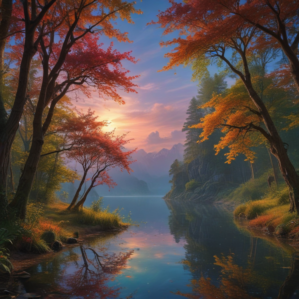 Serene Autumn Sunset Over Tranquil Lake Surrounded by Colorful Trees