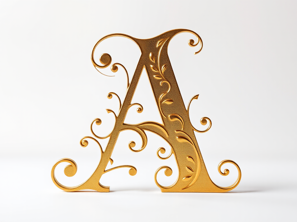 Create an elegant golden letter "A" adorned with intricate swirls and floral designs on a clean background, captured with a DSLR camera at f/2.8, ISO 100, and a 50mm lens, using a shallow depth of field for a soft bokeh effect.
