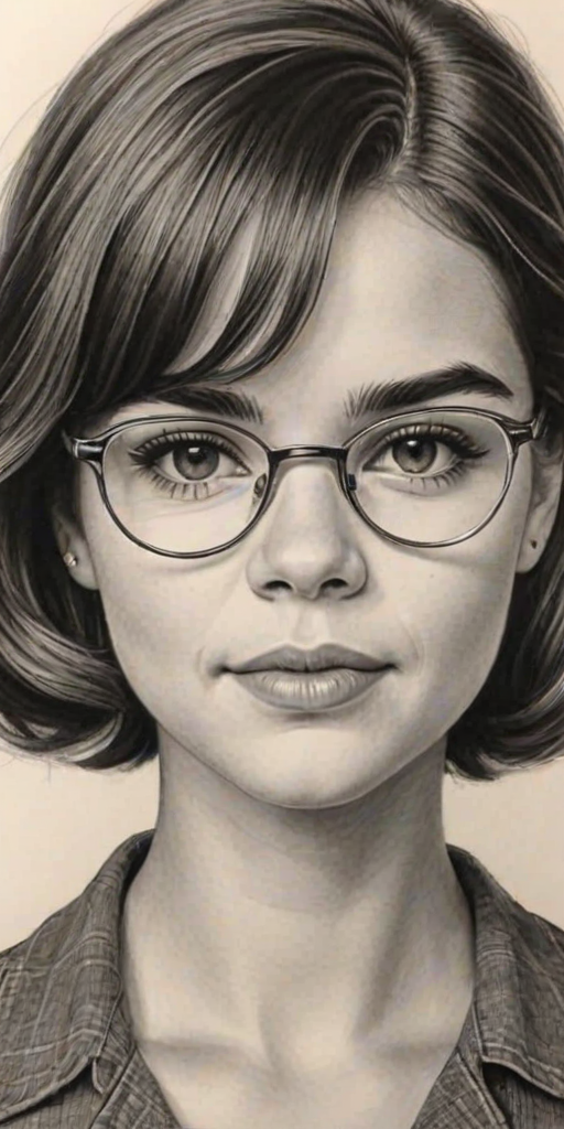 Pleasing Maia Mitchell, pencil sketch, portrait of Delightful woman 1950s in glasses, hair style beatnik, outline, clear lines, fine lines, 8k