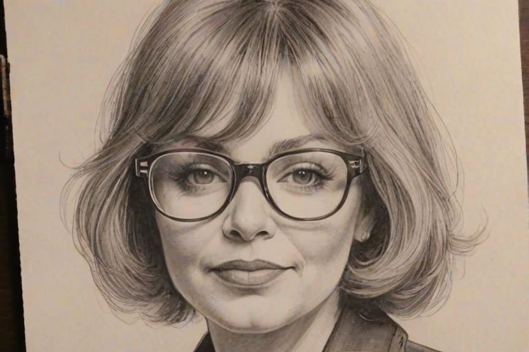 Attractive Rosanne Barr, pencil sketch, portrait of Enchanting woman 1921s in glasses, hair style beatnik, outline, clear lines, fine lines, 8k