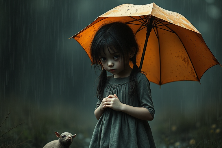 An eerie, weird little girl with dark hair in thin pigtails, wearing a smock dress, standing in the rain, holding a dirty orange umbrella, a small, odd creature beside her. In a surreal style inspired by Nicoletta Ceccoli and Brian Froud. Dark fantasy themes
