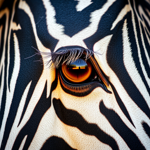 Close-up of a zebra’s face, focusing on its eye. The zebra’s distinctive black and white stripes are prominent, with its large brown eye showing detailed lashes and a slight reflection. The texture of the zebra’s skin and fur is visible, creating a sharp contrast between the dark and light stripes.