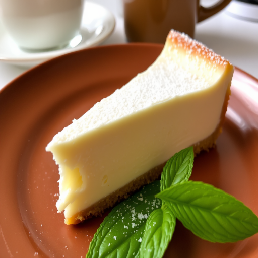 A fluffy and creamy cheesecake slice dusted with powdered sugar served on a brown plate with a fresh green leaf beside it and a cup in the background.