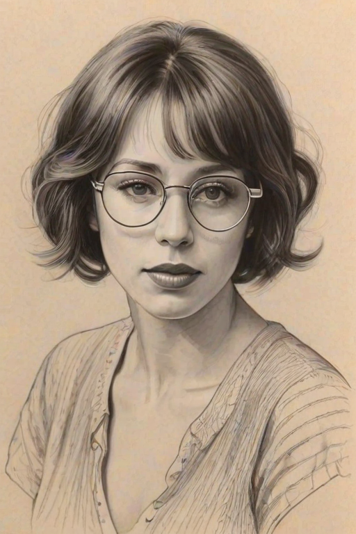 Exquisite Marla Sokoloff, pencil sketch, portrait of Attractive woman 1921s in glasses, hair style beatnik, outline, clear lines, fine lines, 8k