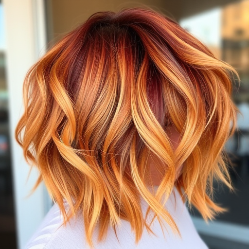 Fiery copper and gold tones blend seamlessly in the "Autumn Sunrise" hairstyle, featuring a voluminous, textured bob with tousled layers. Warm honey highlights accentuate the dimensional color, while soft wispy bangs sweep across the forehead. The overall effect is reminiscent of fall leaves caught in a gentle breeze, exuding warmth and sophistication.