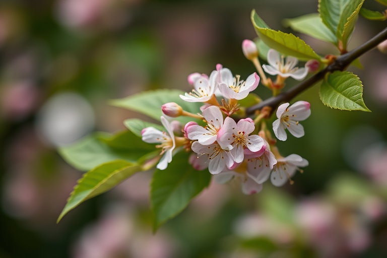 Close-up of delicate pink and white flowers on a lush green branch, softly blurred background, aperture f/2.8, ISO 100, 50mm lens, shallow depth of field, natural light, DSLR camera.