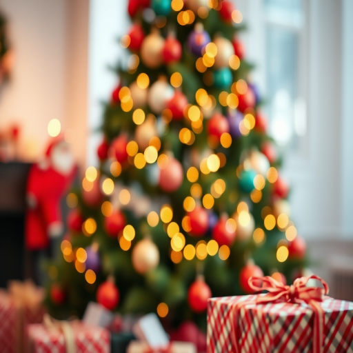 Create a blurred image of a beautifully decorated Christmas tree with colorful ornaments and twinkling lights. The background should be softly out of focus, emphasizing the festive atmosphere. Include some wrapped presents in the foreground to enhance the holiday spirit.