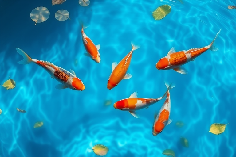 Create a serene underwater scene featuring colorful koi fish swimming gracefully in clear blue water surrounded by gentle ripples and floating leaves with sunlight filtering through the surface creating a tranquil atmosphere.