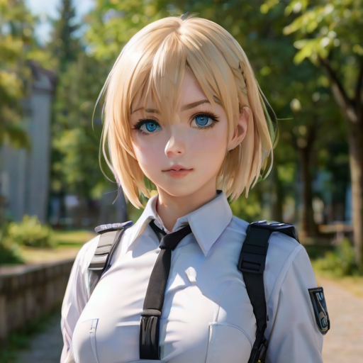 i want the whole image to be created in 3D anime style, 1girl, solo, breasts, looking at viewer, short hair, bangs, blue eyes, blonde hair, shirt, long sleeves, closed mouth, jacket, white shirt, upper body, outdoors, collared shirt, belt, blurry, uniform, blurry background, emblem, harness, paradis military uniform, chest harness