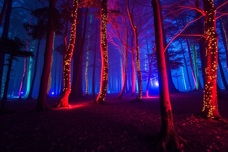 fantastical forest landscape with glowing trees and vibrant colors, shot with a DSLR camera, 24mm lens, f/2.8 aperture, ISO 100, 1/60 sec exposure, soft focus, wide-angle view, high dynamic range for enhanced color depth