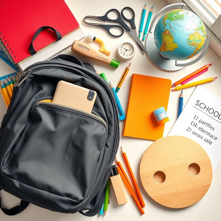 Create a detailed flat lay illustration of school supplies including a backpack, books, scissors, glue, a globe, an abacus, and a palette, using a Canon EOS R5, f/8 aperture, ISO 100, 50mm lens, natural lighting from a window, maintaining a clean and organized layout.