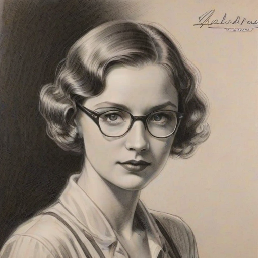Alluring Kara Killmer, pencil sketch, portrait of Wonderful woman 1929s in glasses, hair style beatnik, outline, clear lines, fine lines, 8k