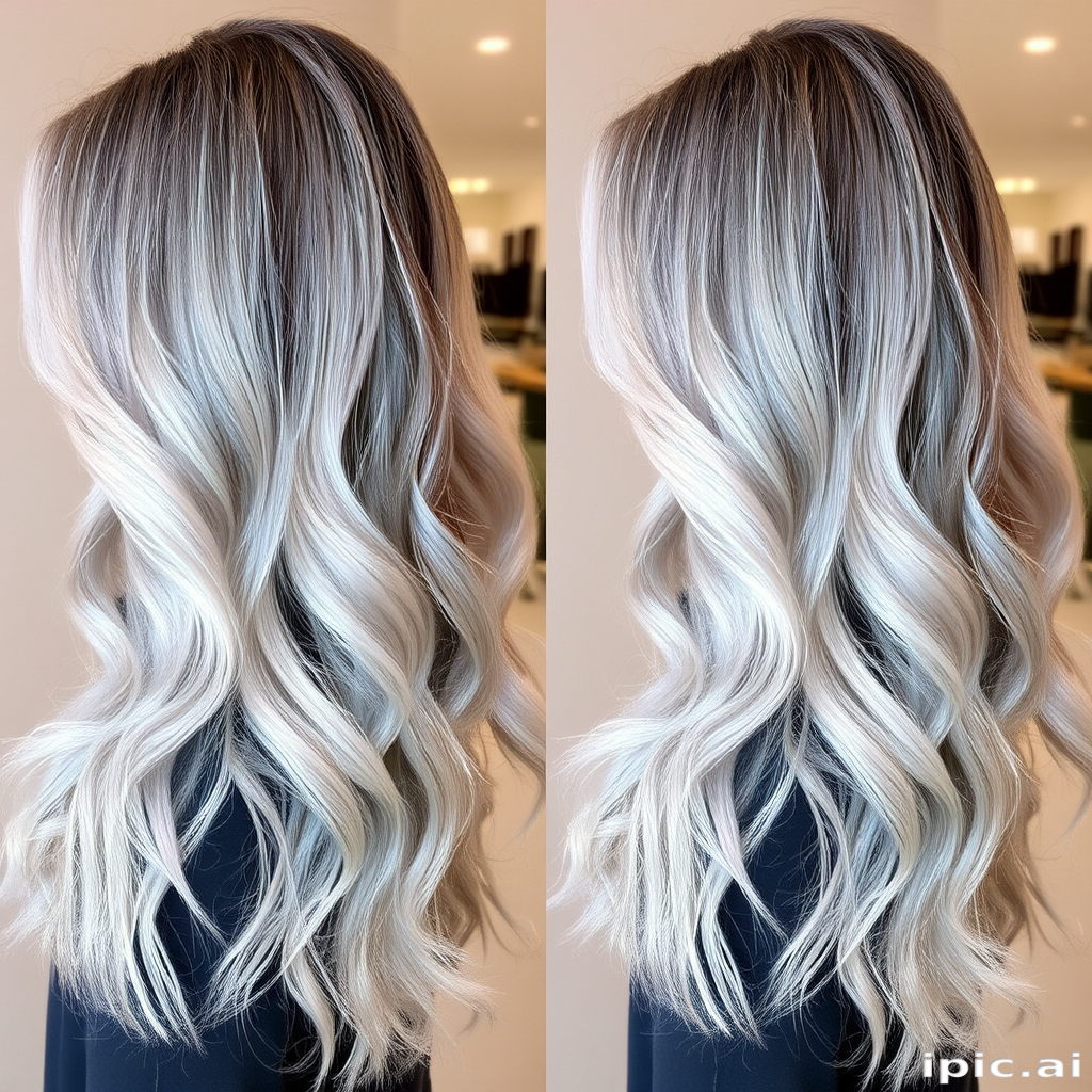 Ethereal silver ombre with soft waves, dubbed "Moonlit Mist," transitions from dark roots to a luminous, ethereal silver that seems to glow