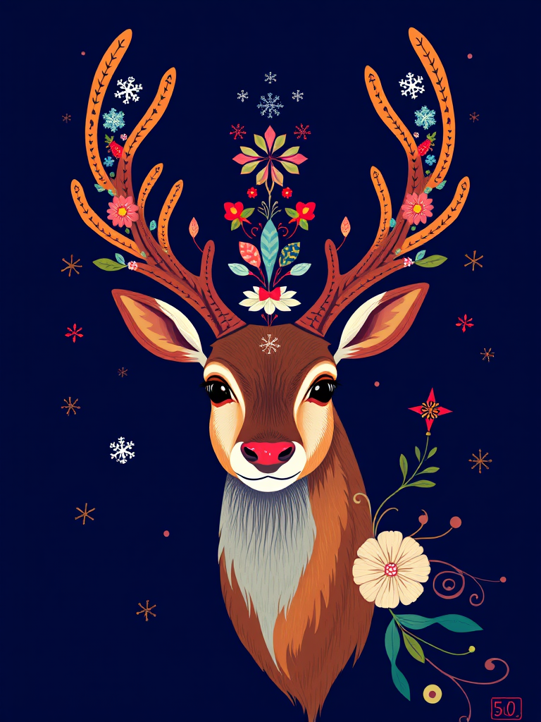 Create a vibrant illustration of a stylized reindeer with ornate antlers featuring snowflakes and floral elements, set against a dark blue background, using a digital camera with a 50mm lens, f/2.8 aperture, 1/125s shutter speed, and vibrant color settings.