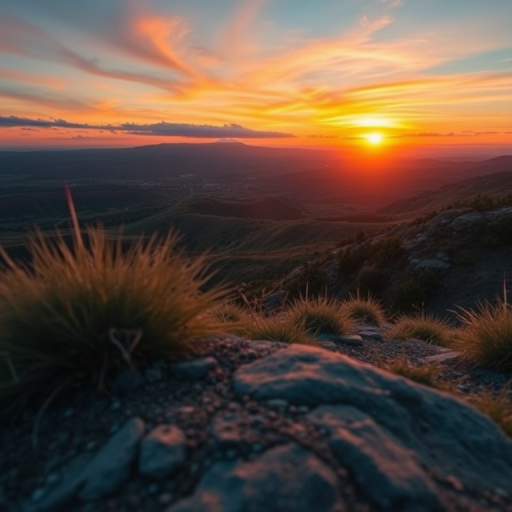 Create a high-resolution image of a scenic landscape during sunrise with vibrant colors, using a DSLR camera with a 24mm lens, f/8 aperture, ISO 100, 1/200 sec shutter speed, captured from a low angle view and in landscape orientation.