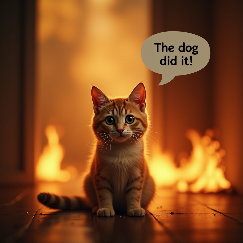 Photorealistic image of an innocent-looking cat sitting calmly in the middle of a burning room. Flames engulf the room, with fire licking up the walls and smoke filling the air. The cat is sitting on the floor, looking directly at the viewer with wide, innocent eyes. Above the cat, a speech bubble says "The dog did it!" The contrast between the cat's calm demeanor and the chaos around it creates a humorous and surreal scene.