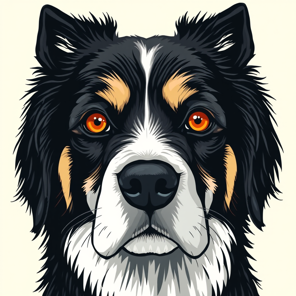 Create a detailed illustration of a black and white dog with striking amber eyes. The dog's face should be prominent and expressive, featuring a mix of fur textures. The background should be a soft, neutral color to enhance the dog's features. The overall style should be bold and graphic, emphasizing the dog's unique characteristics.
