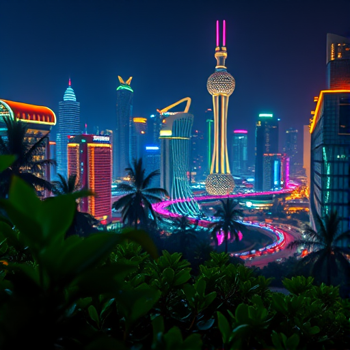 futuristic cityscape at night with glowing buildings and lush greenery in the foreground, shot with a Canon EOS R5, 24mm f/1.4 lens, ISO 800, aperture f/2.8, 30-second exposure, capturing vibrant neon lights and depth of field for enhanced detail and clarity