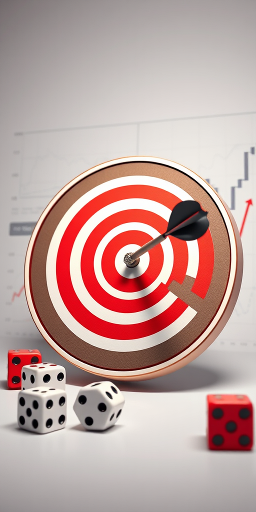 Create a vector illustration of a dart hitting a bullseye, surrounded by financial charts and dice, using a Canon EOS 5D Mark IV with a 50mm f/1.8 lens, shooting in natural light, high saturation color style, and a clean, modern background.