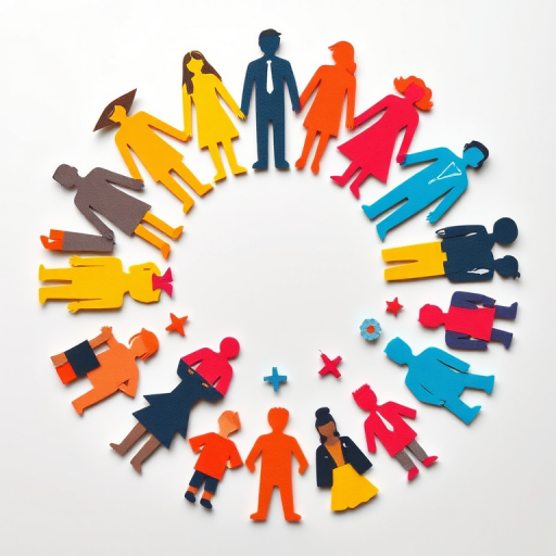 Create a circular arrangement of colored paper cutouts of diverse people in a playful design against a white background, captured with a DSLR camera at f/2.8 aperture, 50mm lens, ISO 100, with a slightly angled top-down view to enhance depth and vibrancy.