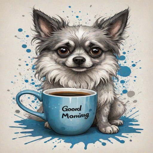 A quirky, artistic illustration of a disheveled chinaranian dog breed with exaggerated, large eyes and spiky fur, holding a coffee mug that reads "Good Morning". The dog has a tired but humorous expression, with ink splatters and abstract details surrounding it, giving a whimsical feel to the image. The color palette is mostly monochrome with hints of blue in the eyes and steam rising from the mug, enhancing the overall sleepy vibe