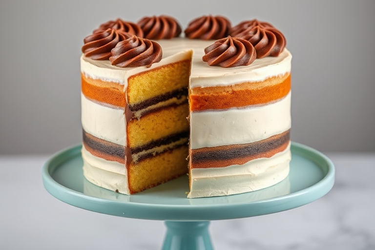 A beautifully decorated layer cake with swirls of chocolate icing on top, showcasing multiple layers of yellow and chocolate cake, placed on a light blue cake stand with a slice cut out revealing the layers inside.