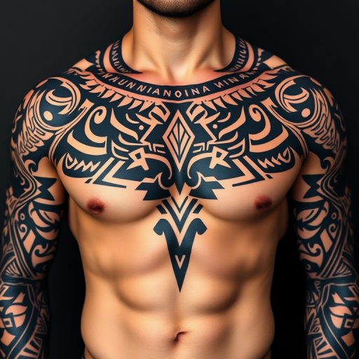 Powerful tribal-inspired body tattoo covering the chest and shoulders, featuring geometric Polynesian patterns in deep matte black ink, representing strength and cultural heritage