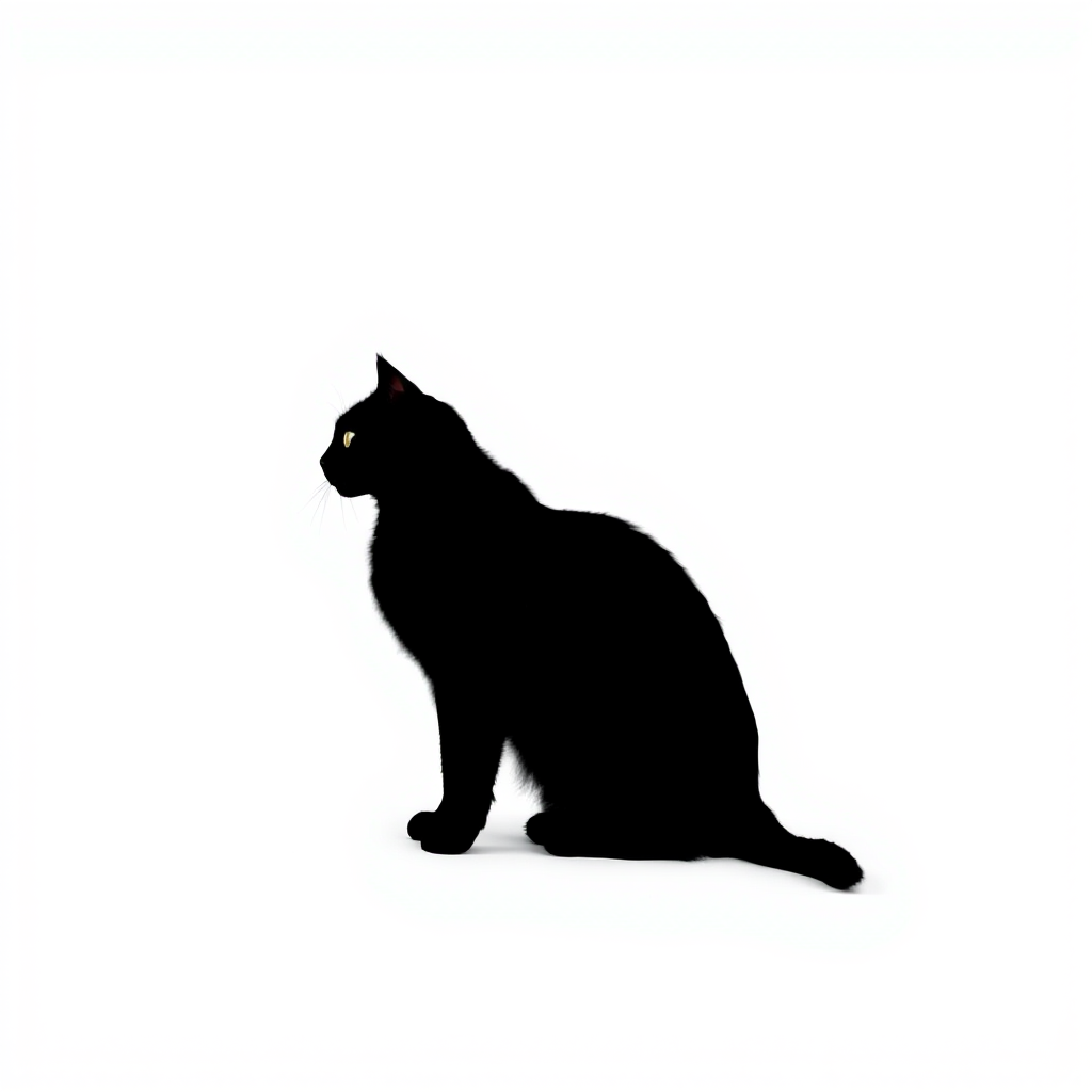 Capture a high-resolution image of a minimalistic black silhouette of a cat sitting against a white background, using a DSLR camera with a 50mm lens, aperture f/2.8, ISO 100, and a soft diffused lighting setup for enhanced clarity and detail.