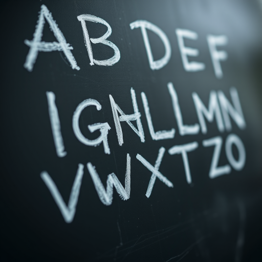 Create a high-resolution image of the English alphabet written in chalk on a blackboard, captured with a DSLR camera at f/2.8, 1/60s, ISO 200, using a close-up view with a slightly angled perspective for depth.