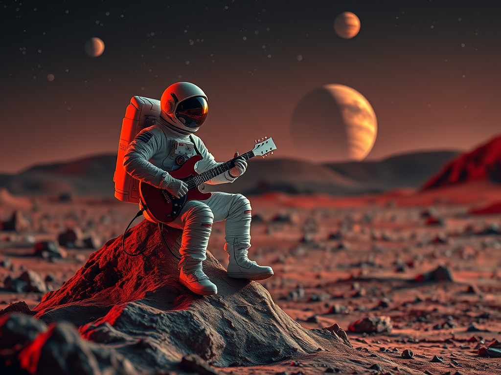 A serene Martian landscape with an astronaut sitting on a rock playing an electric guitar, high-resolution, 50mm lens, f/2.8 aperture, ISO 100, soft focus for the background stars and planets, dramatic lighting with a sunset glow.