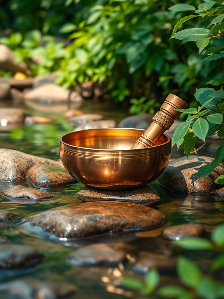 Generate an image of a copper singing bowl resting on smooth stones in a gentle stream surrounded by lush green foliage, shot with a Canon EOS R5, 50mm f/1.2 lens, aperture f/2.8, ISO 200, using natural lighting for a soft, serene look.