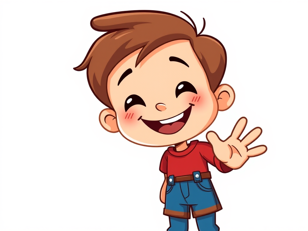 Create a cheerful cartoon of a young boy with a big smile, wearing a red shirt and blue jeans, waving hello, in a vibrant and colorful style, camera settings: f/8, ISO 100, 1/200s, camera view: frontal close-up, camera style: vector illustration, camera type: digital art.