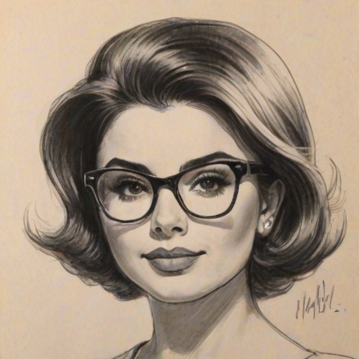 Fascinating Mikaela Hoover, pencil sketch, portrait of Delightful woman 1962s in glasses, hair style beatnik, outline, clear lines, fine lines, 8k