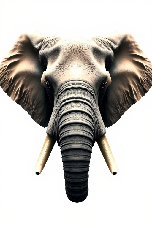 Generate a highly detailed illustration of an elephant's head, front view, with realistic textures and shading, aperture f/2.8, shutter speed 1/125s, ISO 100, using a DSLR camera in a studio setup.