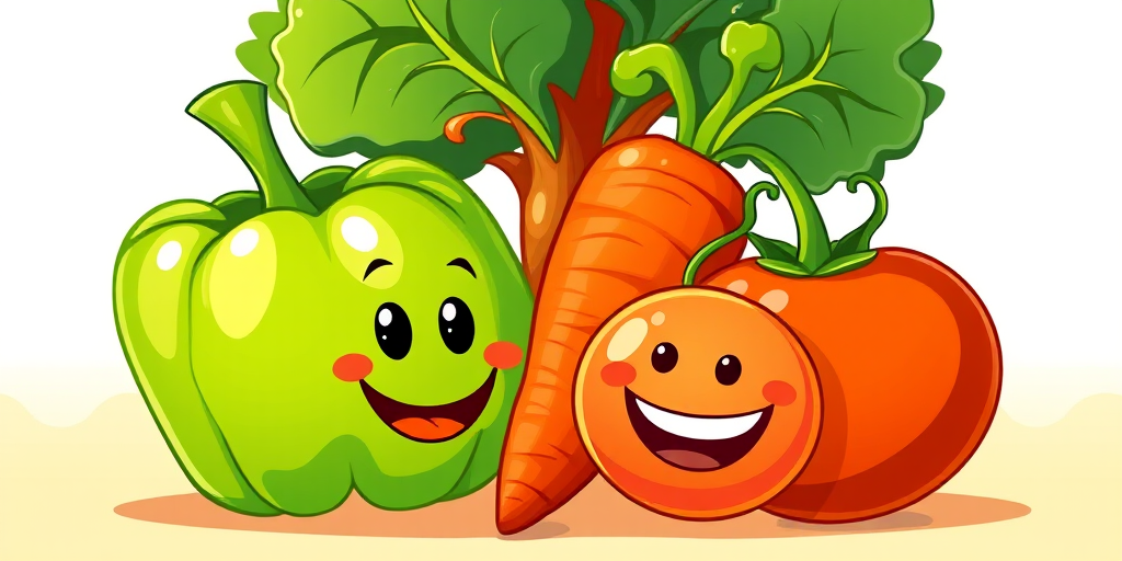 Create a vibrant illustration of a green bell pepper, a smiling lemon, a cheerful carrot, and a happy tomato, using a high-resolution camera with a wide aperture of f/2.8, a focal length of 50mm, and a shallow depth of field to enhance clarity and color saturation, in a whimsical cartoon style with a bright, colorful background.