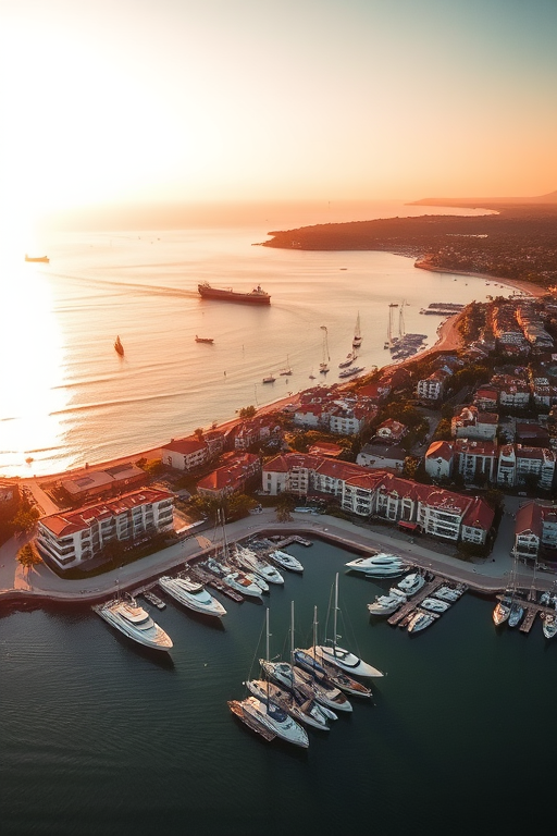 Aerial view of a coastal town featuring a marina with yachts and boats, captured during golden hour at a height of 500 feet, using a drone camera with a 24mm lens, f/5.6 aperture, ISO 100 for enhanced clarity and vibrant colors.