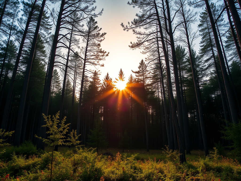 Create a high-resolution image of a serene forest landscape at sunrise, soft natural lighting, 50mm f/1.8 lens, ISO 100, aperture priority mode, with a focus on vibrant colors and sharp details, captured with a DSLR camera from a low angle to emphasize depth.