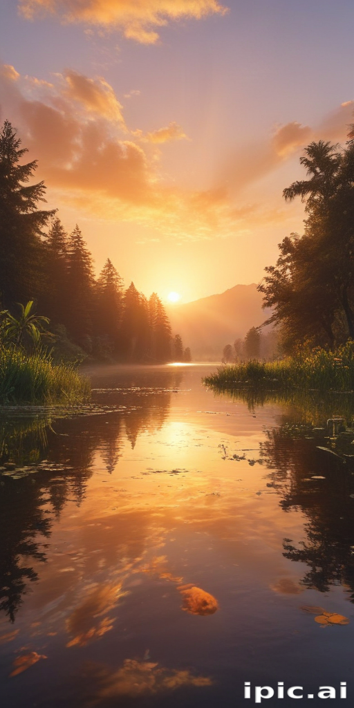 Serene Sunset Over Tranquil River Surrounded by Lush Greenery and Mountains